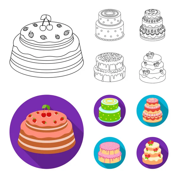 Süße, Dessert, Sahne, Treacle .cakes Land Set Sammlung Symbole in Umrissen, flachen Stil Vektor Symbol Stock Illustration Web. — Stockvektor