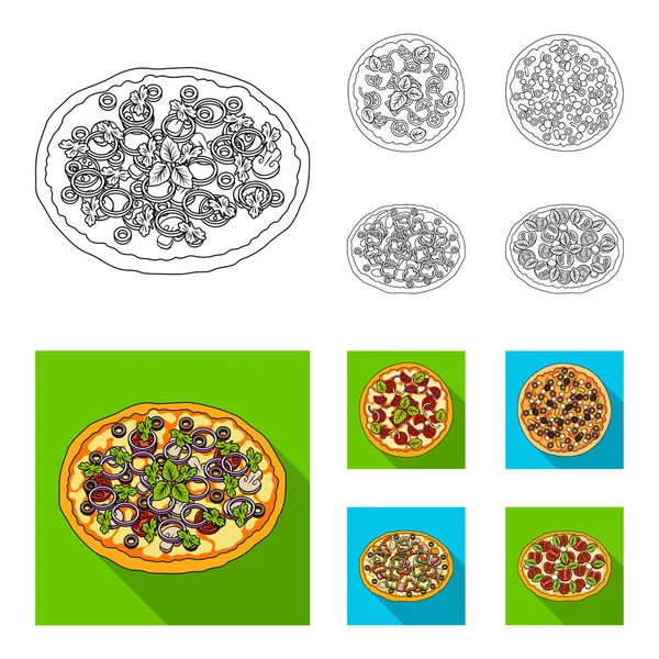 Et, peynir ve diğer dolgu pizza. Anahat, düz stil vektör simge stok çizim web simgeler farklı pizza ayarla. — Stok Vektör