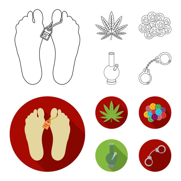 Hemp leaf, ecstasy pill, handcuffs, bong.Drug set collection icons in outline,flat style vector symbol stock illustration web. — Stock Vector