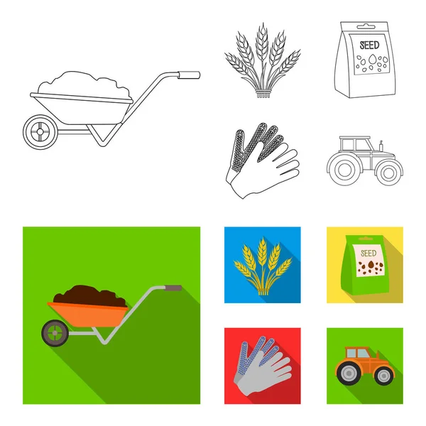 Spikelets av vete, ett paket av frön, en traktor, handskar. Gården som samling ikoner i disposition, platt stil vektor symbol stock illustration web. — Stock vektor