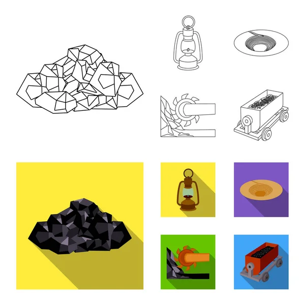 Una lámpara de minero, un embudo, una combinación minera, un carro con ore.Mining iconos de colección conjunto de la industria en el contorno, vector de estilo plano símbolo stock ilustración web . — Vector de stock