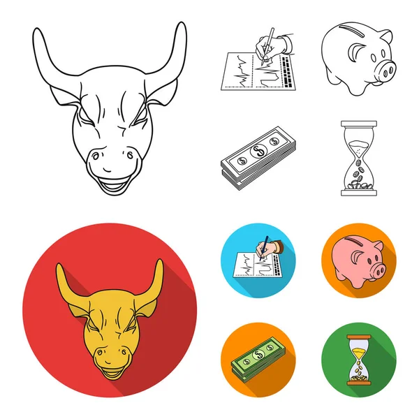 Banka, obchodní plán, bankovek, čas peníze. Peníze a Finance nastavení kolekce ikon v osnově, plochý vektor symbol akcií ilustrace web. — Stockový vektor