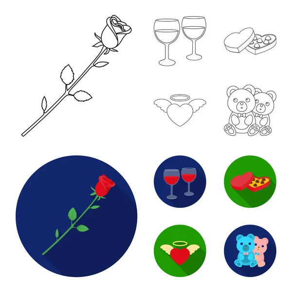 Vasos con vino, corazones de chocolate, osos, valentine.Romantik conjunto de iconos de la colección en el contorno, vector de estilo plano símbolo stock illustration web . — Archivo Imágenes Vectoriales