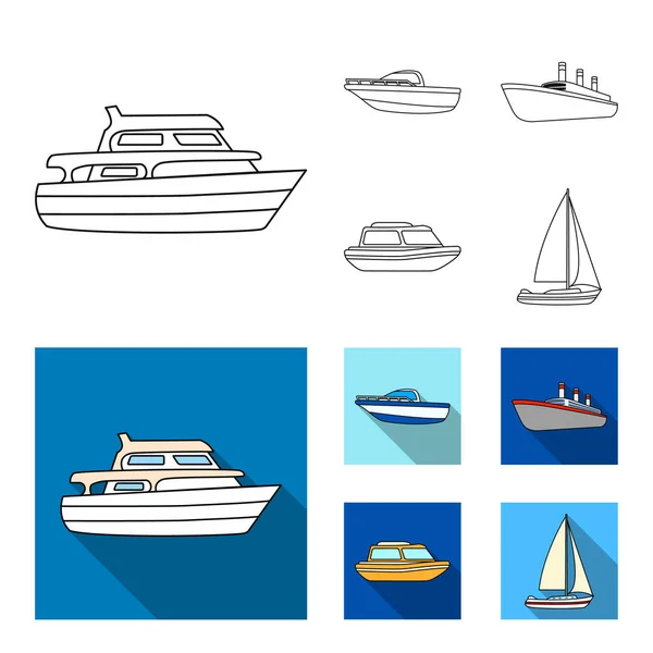 Schutzboot, Rettungsboot, Frachtdampfer, Sportyacht.Schiffe und Wassertransport Set Sammlung Symbole in Umrissen, flache Stil Vektor Symbol Stock Illustration Web. — Stockvektor