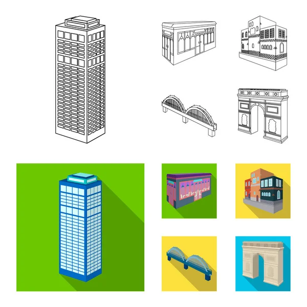 Arco do Triunfo em Paris, ponte reforçada, edifício de café, casa em estilo escandinavo. Ícones de coleção de conjuntos arquitetônicos e de construção em contorno, estilo plano símbolo vetorial ilustração web . — Vetor de Stock