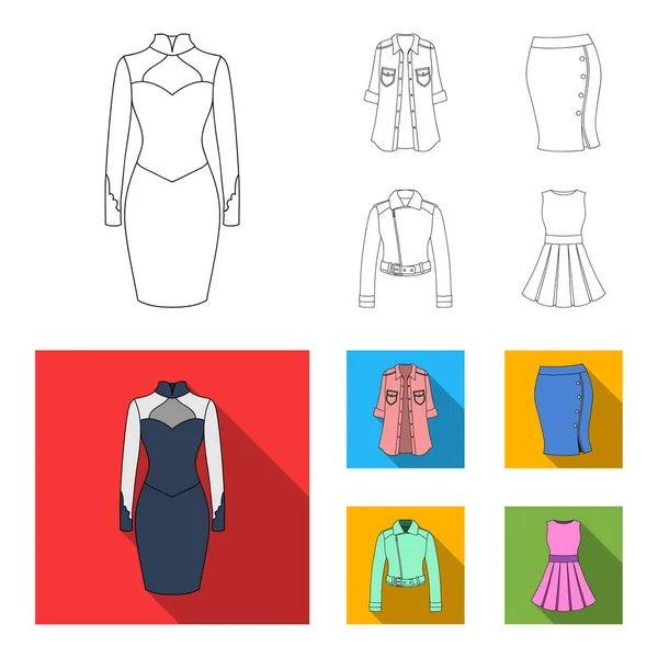 Γυναικεία ρούχα περίγραμμα, επίπεδη εικονίδια στη συλλογή σετ για σχεδιασμό. Ποικιλίες ρούχα και αξεσουάρ σύμβολο μετοχής web εικονογράφηση διάνυσμα. — Διανυσματικό Αρχείο