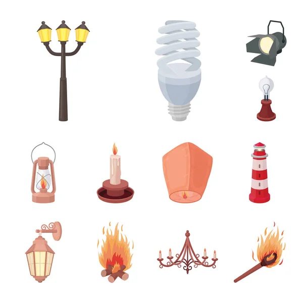 Ícones de desenhos animados de fonte de luz na coleção de conjuntos para design. Luz e equipamento símbolo vetorial ilustração web stock . — Vetor de Stock