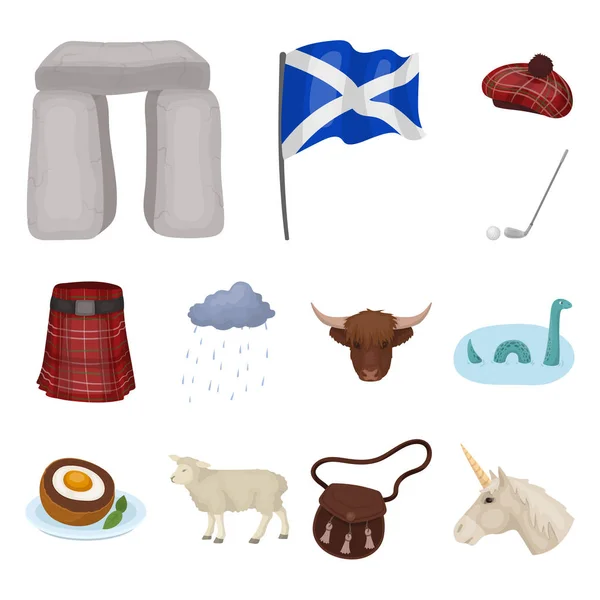 Country Scotland Cartoon-Ikonen in Set-Kollektion für Design. Sightseeing, Kultur und Tradition Vektor Symbol Stock Web Illustration. — Stockvektor