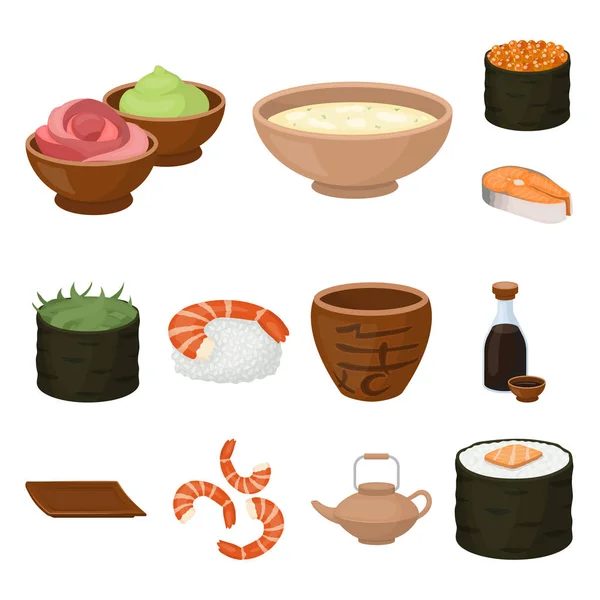 Ícones de desenhos animados Sushi e tempero na coleção de conjuntos para design. Comida de frutos do mar, símbolo de vetor acessório ilustração web . — Vetor de Stock