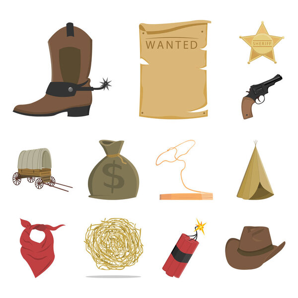 Attributes of the wild west cartoon icons in set collection for design.Texas and America vector symbol stock web illustration.