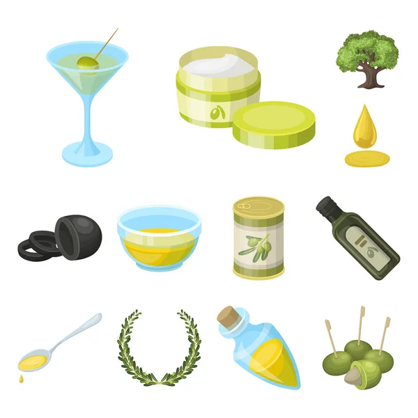Olive, icone dei cartoni animati alimentari in collezione set per il design. Olio d'oliva, condimento vettoriale simbolo stock web illustrazione . — Vettoriale Stock