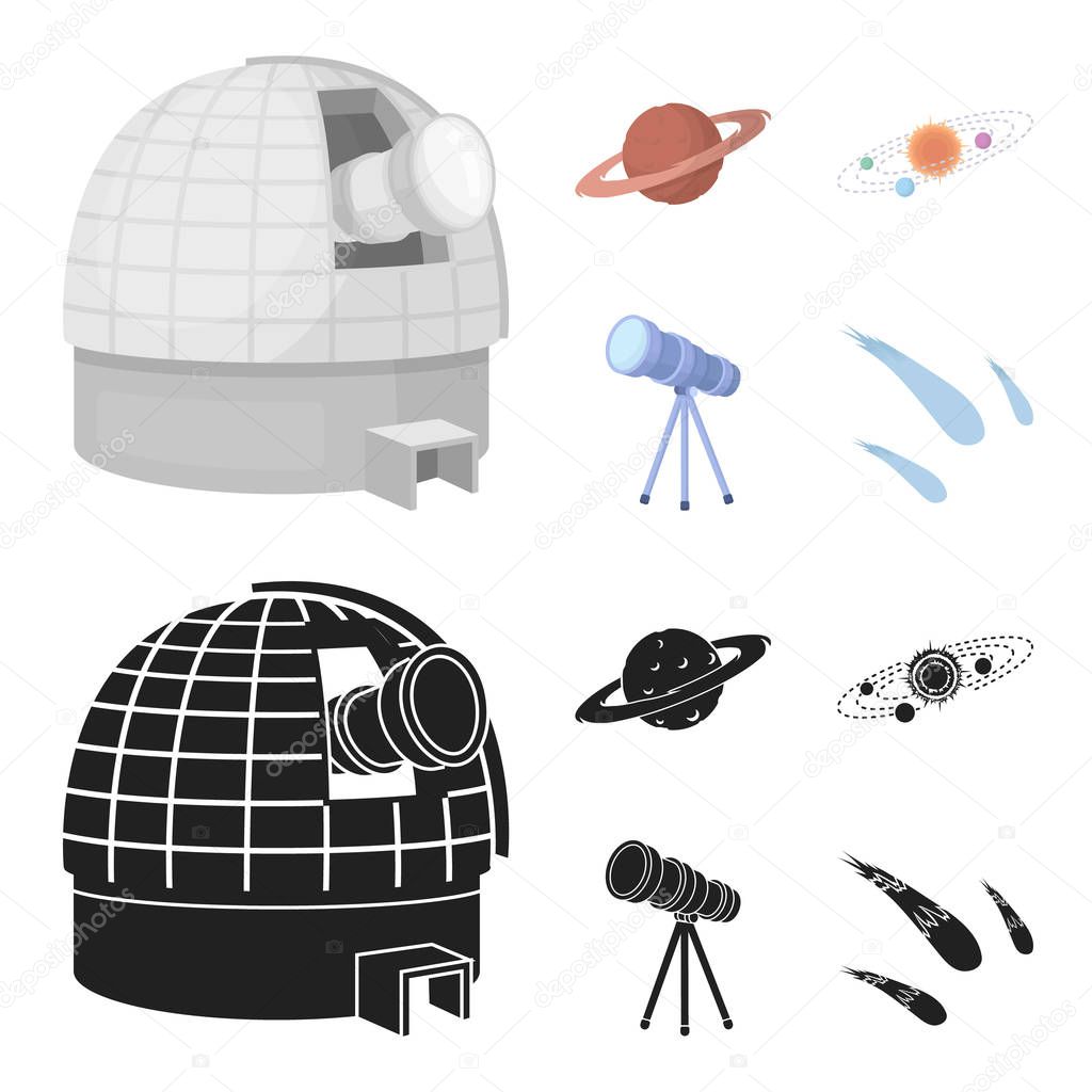 Observatory with radio telescope, planet Mars, Solar system with orbits of planets, telescope on tripod. Space set collection icons in cartoon,black style vector symbol stock illustration web.
