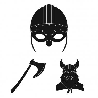 Vikings and attributes black icons in set collection for design.Old Norse Warrior vector symbol stock web illustration. clipart