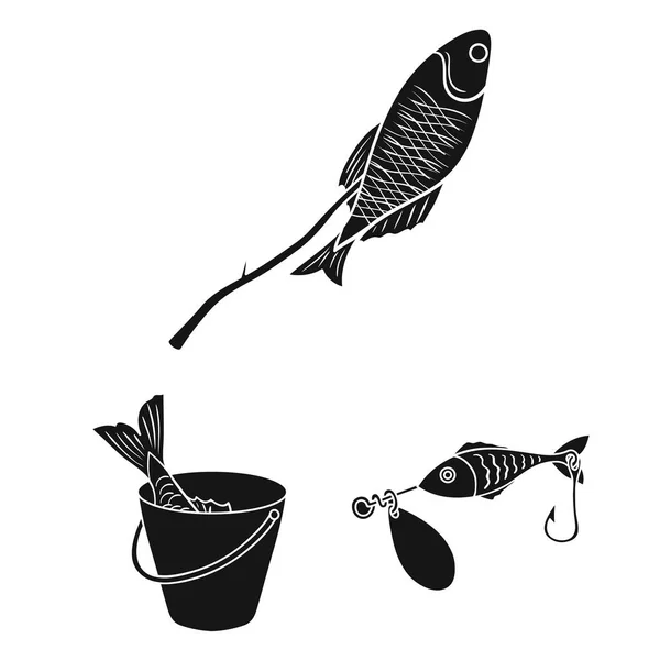 Pesca y descanso iconos negros en la colección de conjuntos para el diseño. Tackle para la ilustración de la tela del símbolo del vector de pesca . — Vector de stock