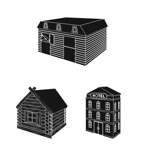 Gebouw en het platform zwarte pictogrammen in set collectie voor design. Het gebouw en woning vectorillustratie isometrische symbool voorraad web. — Stockvector