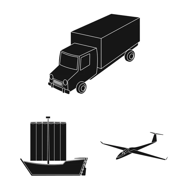 Différents types d'icônes noires de transport dans la collection de jeu pour le design. Voiture et bateau vectoriel symbole stock web illustration . — Image vectorielle