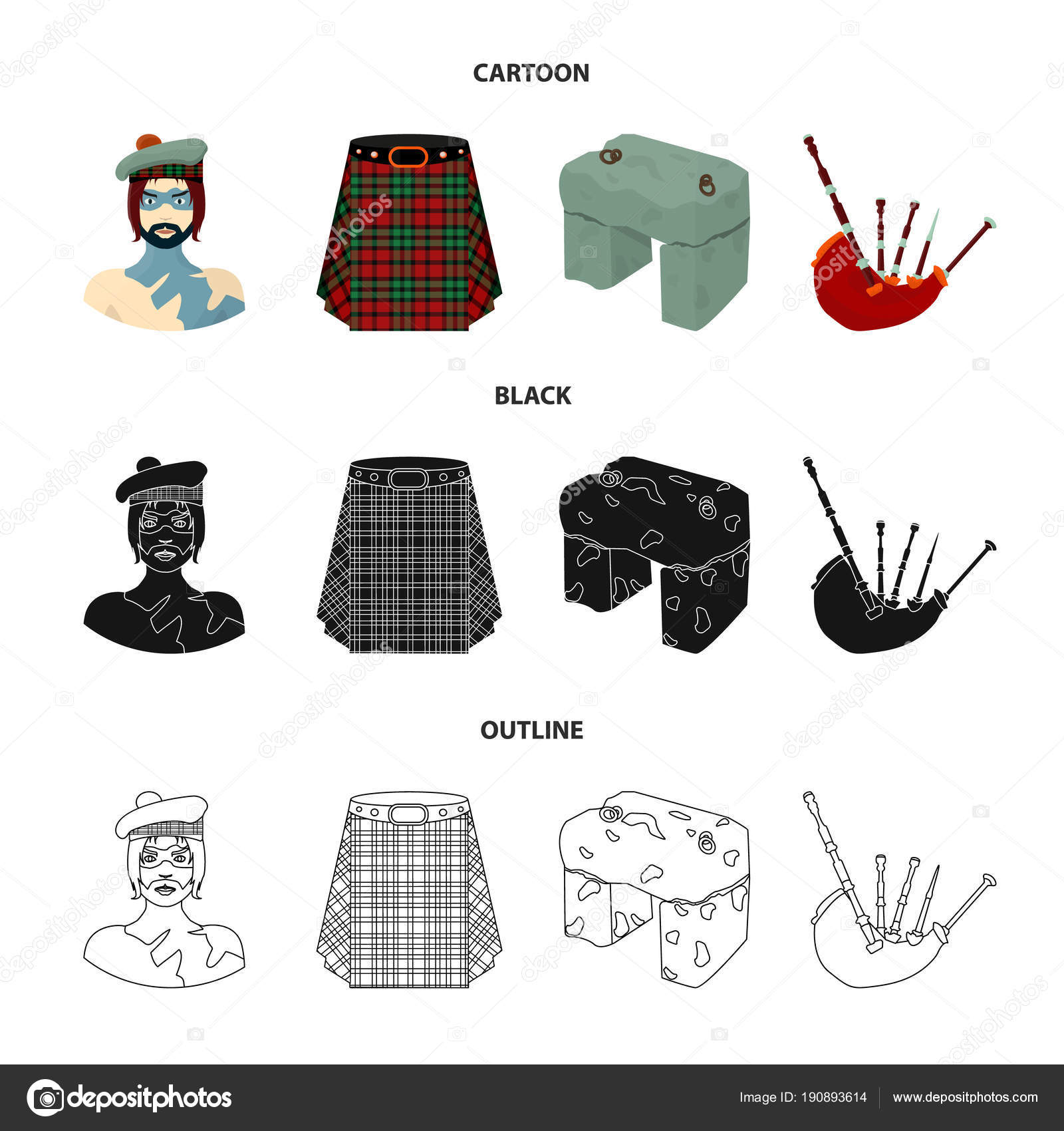 Highlander, Scottish Viking, tartan, kilt, saia escocesa, scone stone,  instrumento musical nacional de gaitas de foles. Escócia conjunto coleção  ícones em desenhos animados, preto, esboço estilo vetor símbolo estoque  Vetor de ©PandaVector, image size:1600x1700
