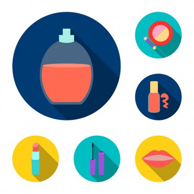 Makyaj ve kozmetik set koleksiyonu tasarım için simgeleri düz. Makyaj ve ekipman sembol stok web illüstrasyon vektör.