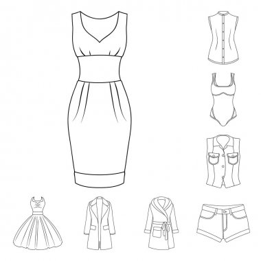 Kadın giyim set koleksiyonu tasarım için simgeleri anahat. Sembol stok web illüstrasyon vektör giyim çeşitleri ve aksesuarlar.
