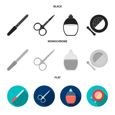 Tırnak törpüsü, makaslar, çivi, parfüm, pudra fırçası ile için. Makyaj toplama simgeler siyah, düz, tek renkli stil vektör simge stok çizim web içinde ayarla..