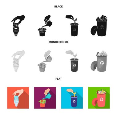 Enerji tasarrufu sağlayan ışık ampul, sulama bir houseplant ve diğer web simge siyah, düz, tek renkli tarzı. çöp atık ve çöp simgeleri set koleksiyonu ile.