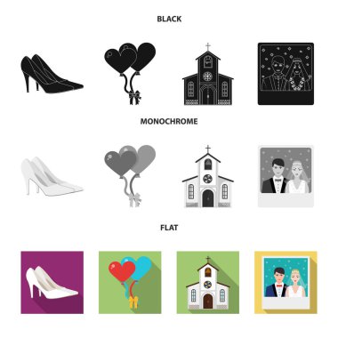 Düğün ve öznitelikleri çizgi film, düz, anahat, siyah simgeler set koleksiyonu tasarım için. Sembol stok web illüstrasyon vektör yeni evliler ve aksesuarları.