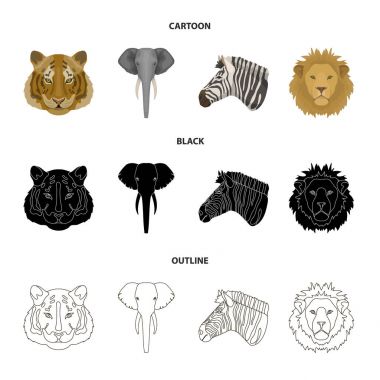 Kaplan, aslan, fil, zebra, gerçekçi hayvanlar çizgi film, siyah, anahat stili vektör simge stok çizim web içinde toplama simgeler ayarla.