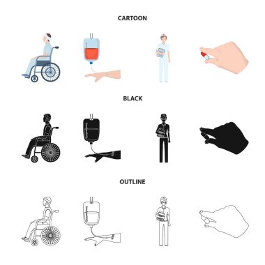 Travma, kan nakli, Doktor, bir doktorun elinde ilaç ile geçersiz. Çizgi film, siyah, anahat stili vektör simge stok çizim web Medicineset koleksiyon simgeler.