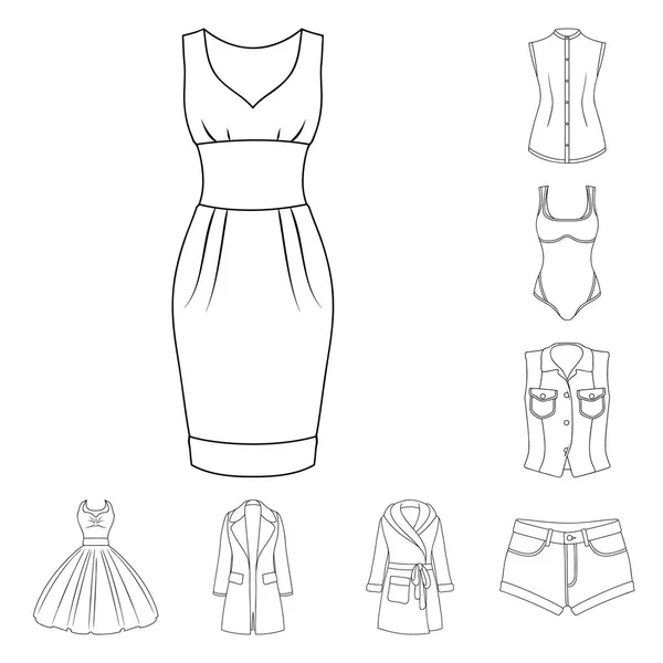 Kadın giyim set koleksiyonu tasarım için simgeleri anahat. Sembol stok web illüstrasyon vektör giyim çeşitleri ve aksesuarlar. — Stok Vektör