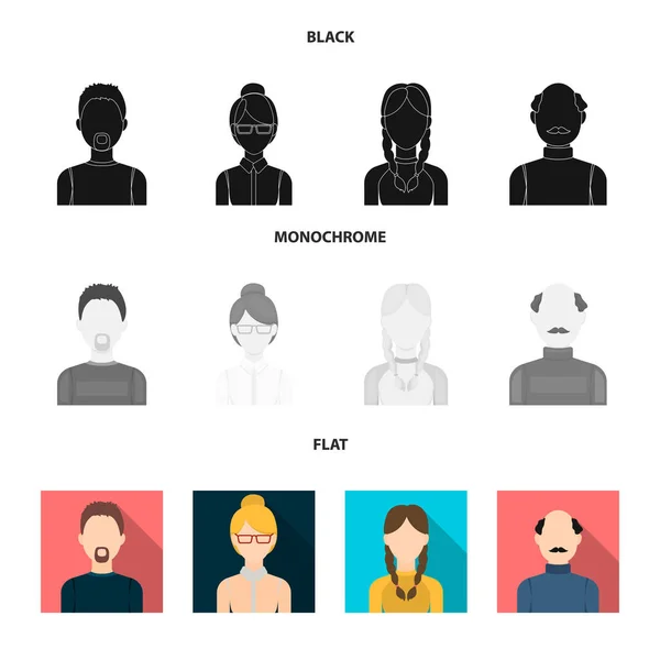 Un uomo con la barba, una donna d'affari, una treccina, un uomo calvo con i baffi.Avatar set di icone di raccolta in nero, piatto, in stile monocromatico vettore simbolo stock illustrazione web . — Vettoriale Stock