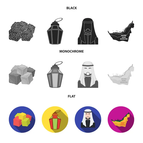 Dulces orientales, lámpara de Ramadán, jeque árabe, territorio.Los emiratos árabes establecen iconos de colección en negro, plano, estilo monocromo símbolo vectorial stock illustration web . — Archivo Imágenes Vectoriales