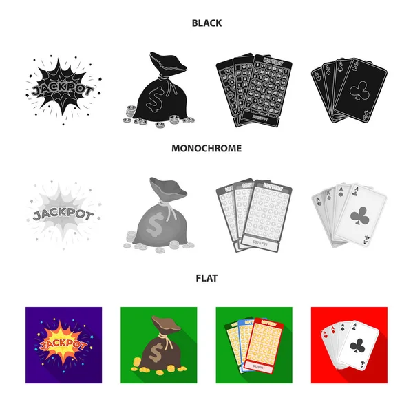 Jack suor, um saco com dinheiro ganho, cartas para jogar Bingo, jogar cartas. Ícones de coleção de jogos de azar e cassino em preto, plano, estilo monocromático símbolo vetorial ilustração web . — Vetor de Stock