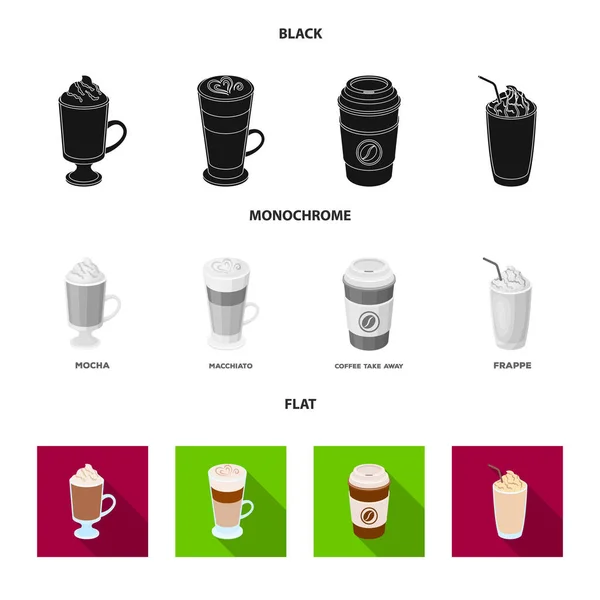 Mokka, macchiato, frappe, wziąć kawę. Różne rodzaje kawy zestaw kolekcji ikon w czarne, płaskie, monochromatyczne styl wektor symbol ilustracji w sieci web. — Wektor stockowy