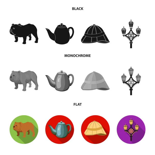 Razza cane, teiera, birraio. Inghilterra paese set raccolta icone in nero, piatto, monocromatico stile vettore simbolo stock illustrazione web . — Vettoriale Stock