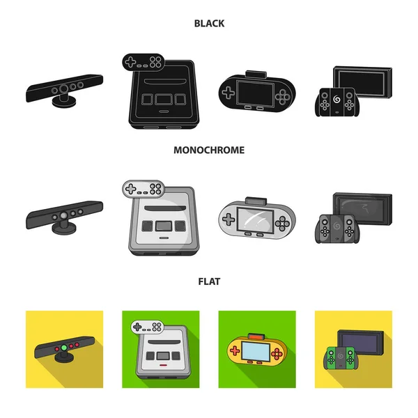 Set-Top-Box für Spiele und Fernseher schwarz, flach, monochrome Symbole in Set-Kollektion für design.game Gadgets Vektor-Symbol Stock Web-Illustration. — Stockvektor