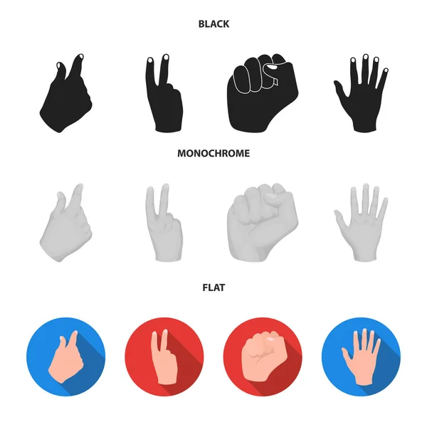 Otwórz pięść, zwycięstwo, skąpiec. Gest ręki zestaw kolekcji ikon w czarne, płaskie, monochromatyczne styl wektor symbol ilustracji w sieci web. — Wektor stockowy