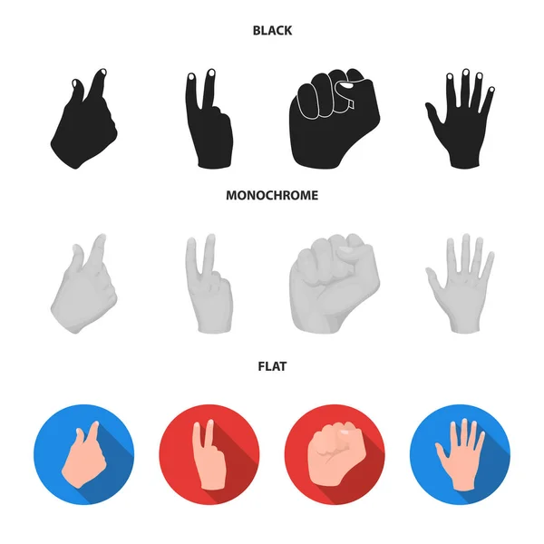 주먹, 승리, 깍 쟁이 엽니다. 블랙, 플랫, 흑백 스타일 벡터 기호 재고 일러스트 웹에 손 제스처 설정 컬렉션 아이콘. — 스톡 벡터