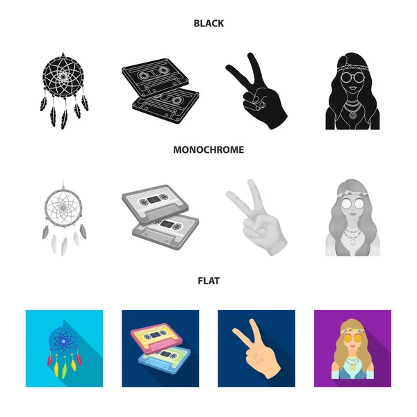 Amulet, hippie girl, sinal de liberdade, cassette.Hippy coleção conjunto ícones em preto, plana, estilo monocromático símbolo vetorial web ilustração estoque . — Vetor de Stock