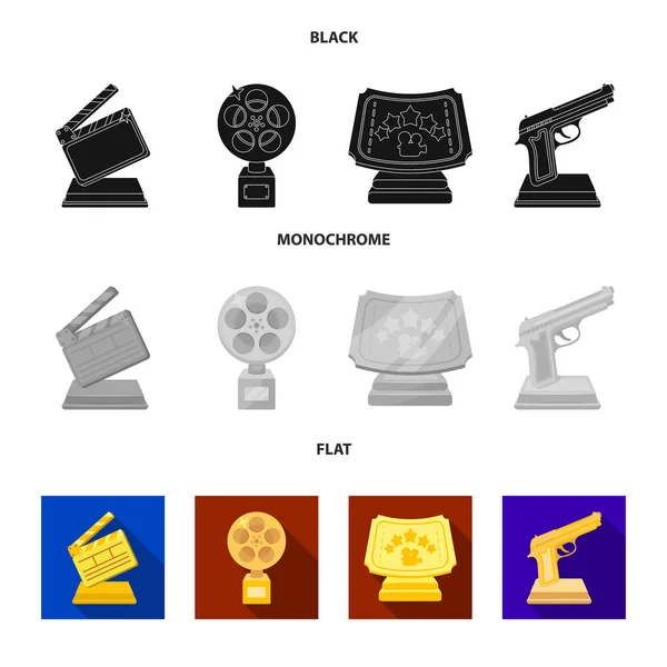 Pistola de oro, el premio de plata para el mejor papel de apoyo y otros premios.Premios de cine conjunto de iconos de la colección en negro, plano, monocromo símbolo de vectores símbolo de stock ilustración web . — Vector de stock