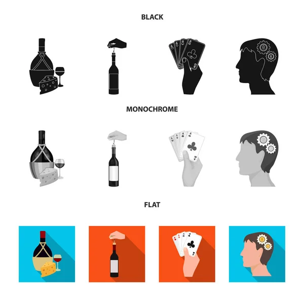 Bottle, a glass of wine and cheese, clogging with a corkscrew and other web icon in black, flat, monochrome style. A combination of cards in hand, a person s head and an idea generator icons in set — Stock Vector