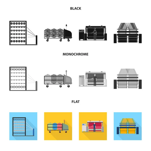 Maschine, Ausrüstung, Spinnerei und andere Web-Symbole in schwarz, flach, monochromen Stil., Geräte, Inventar, Textilien-Symbole in Set-Sammlung. — Stockvektor