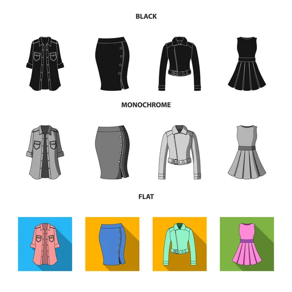 Mujer Ropa negra, plana, iconos monocromáticos en colección de conjuntos para diseño.Ropa Variedades y accesorios vector símbolo stock web illustration . — Vector de stock