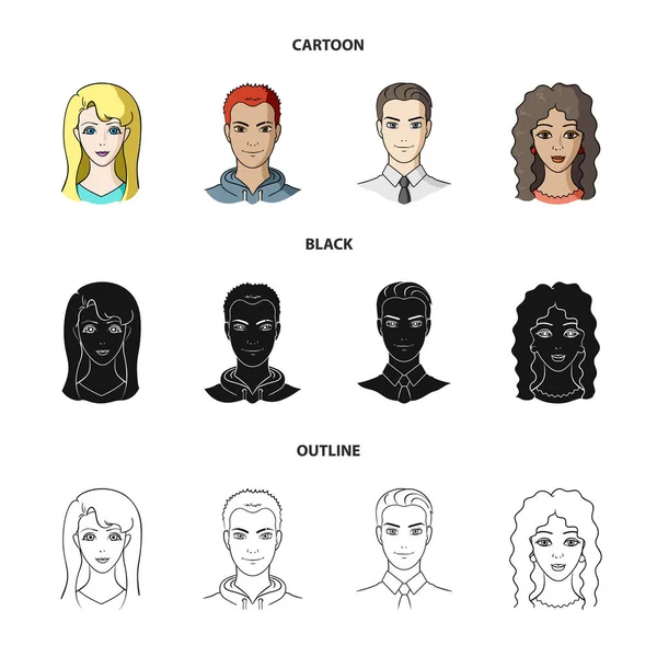 Diferentes olhares de jovens pessoas.Avatar e ícones de coleção de conjuntos de rosto em desenhos animados, preto, estilo esboço vetor símbolo estoque ilustração web . —  Vetores de Stock