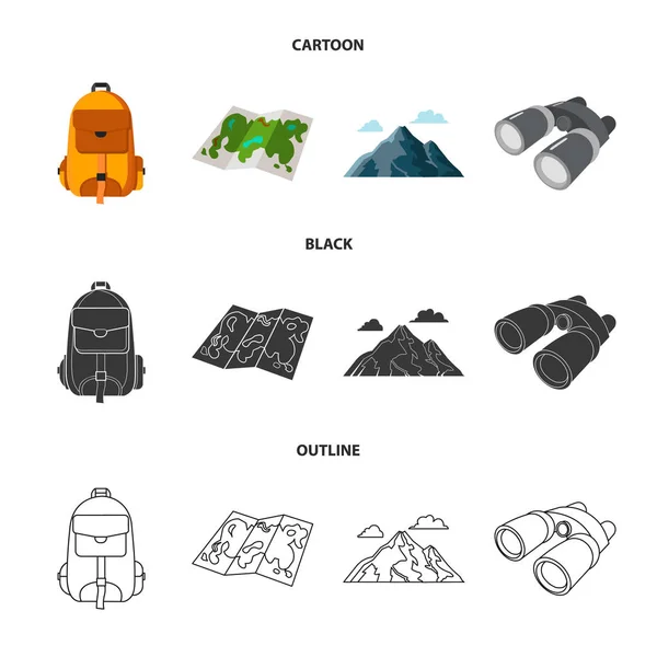Mochila, montañas, mapa de la zona, binoculares. Camping conjunto colección iconos en dibujos animados, negro, contorno estilo vector símbolo stock ilustración web . — Vector de stock