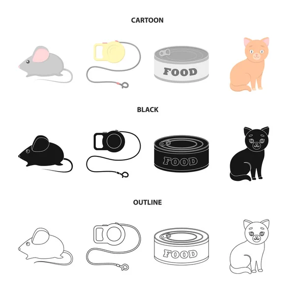 Myš, pet vodítko, zvířata v zájmovém chovu, kotě. Kočka sada kolekce ikon v karikatuře, černý, osnovy styl vektor symbol skladem ilustrace web. — Stockový vektor
