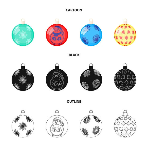 新年のおもちゃ漫画、黒、アウトライン アイコン デザインのセットのコレクション。クリスマス ボールを treevector のシンボル ストック web イラスト. — ストックベクタ