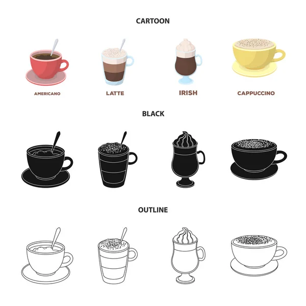 Américain, tardif, irlandais, cappuccino.Different types de café ensemble icônes de la collection en dessin animé, noir, contour de style vectoriel symbole illustration web . — Image vectorielle