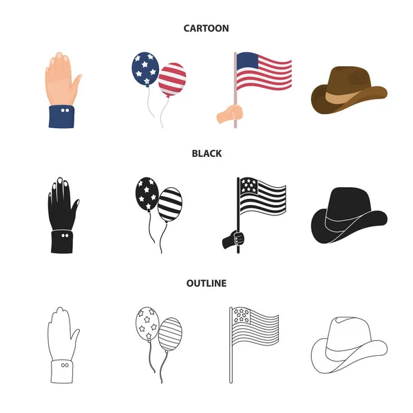 Balloons, national flag, cowboy hat, palm hand.Patriot day set collection icons in cartoon,black,outline style vector symbol stock illustration web. — Stock Vector