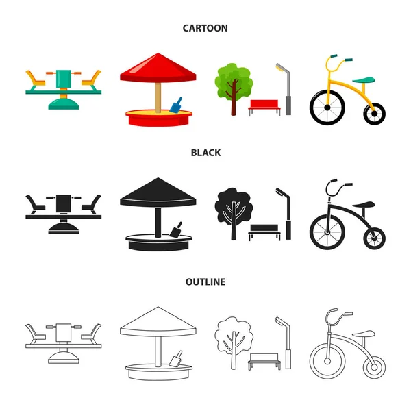 Carrusel, caja de arena, parque, triciclo. Conjunto de juegos de colección de iconos en dibujos animados, negro, contorno estilo vector símbolo stock ilustración web . — Vector de stock