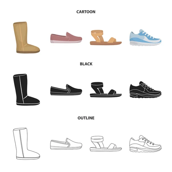 Beige ugg laarzen met bont, bruin instappers met een witte tong, sandalen met een bevestigingsmiddel, witte en blauwe sneakers. Schoenen collectie pictogrammen instellen in de tekenfilm, zwart, overzicht stijl vector symbool stock illustratie — Stockvector